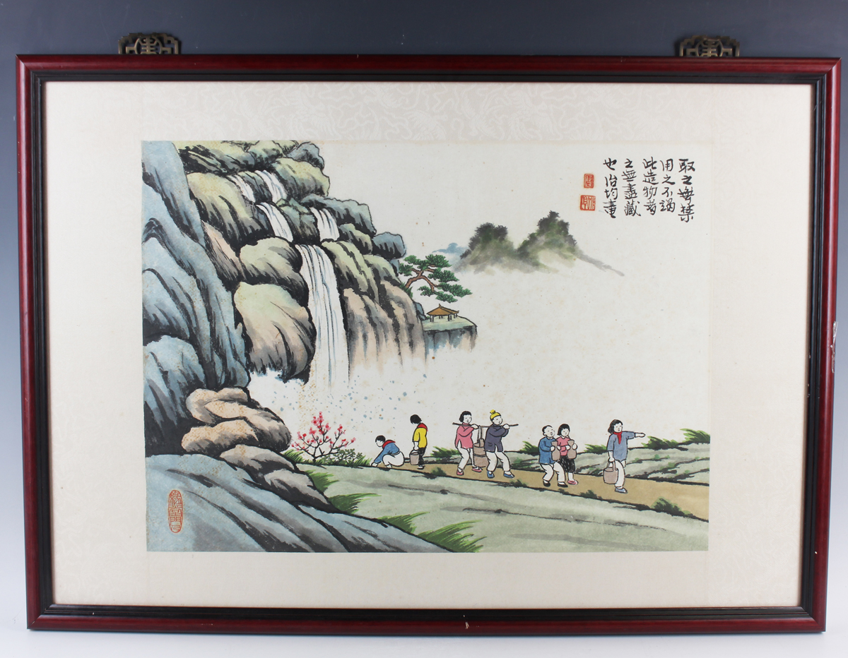 A Chinese watercolour painting, mid-20th century, depicting seven figures along a path with rocks