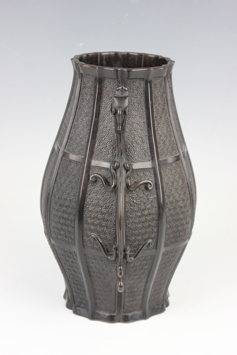 A Japanese brown patinated bronze two-handled vase, 19th century, in the Chinese style, of - Image 7 of 20