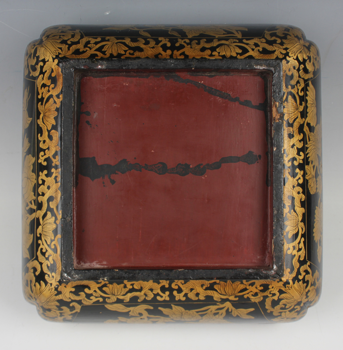 A Chinese lacquer box and cover, late Qing dynasty, of compressed square form, the top decorated - Image 10 of 17