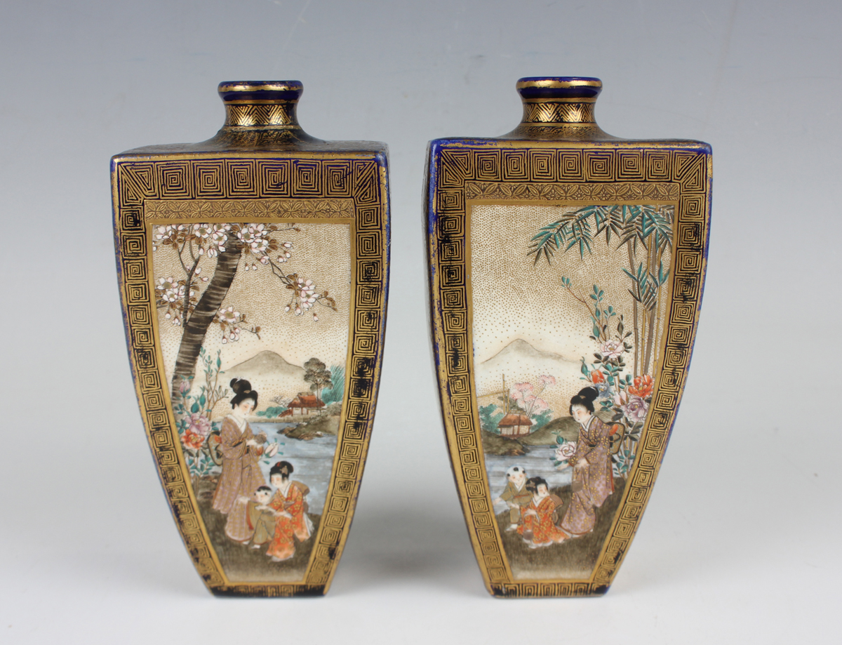 A pair of Japanese Satsuma earthenware vases, Meiji period, probably by Kinkozan, each of square