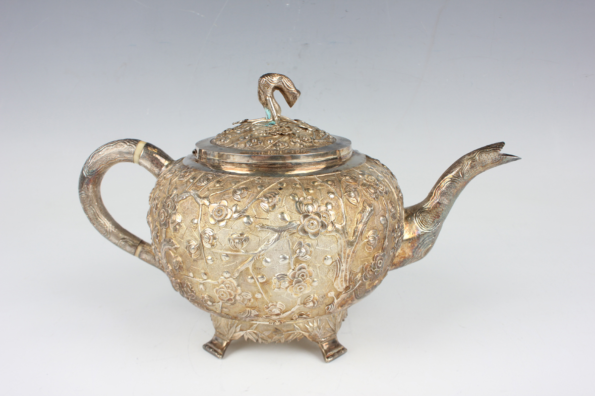 A Chinese export silver three-piece tea set by Wang Hing & Co of Hong Kong, late 19th/early 20th - Image 18 of 20