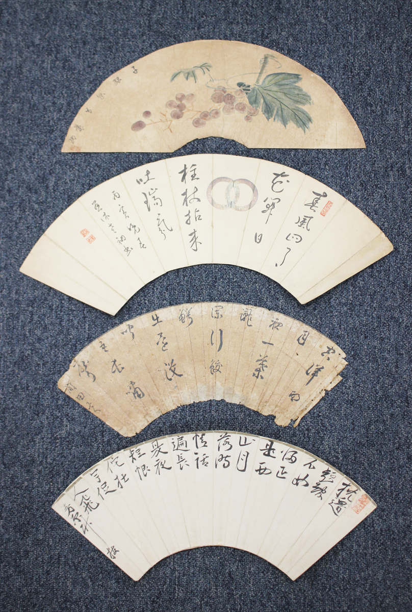 A Chinese watercolour painting on paper fan panel, early 20th century, painted with two geese and