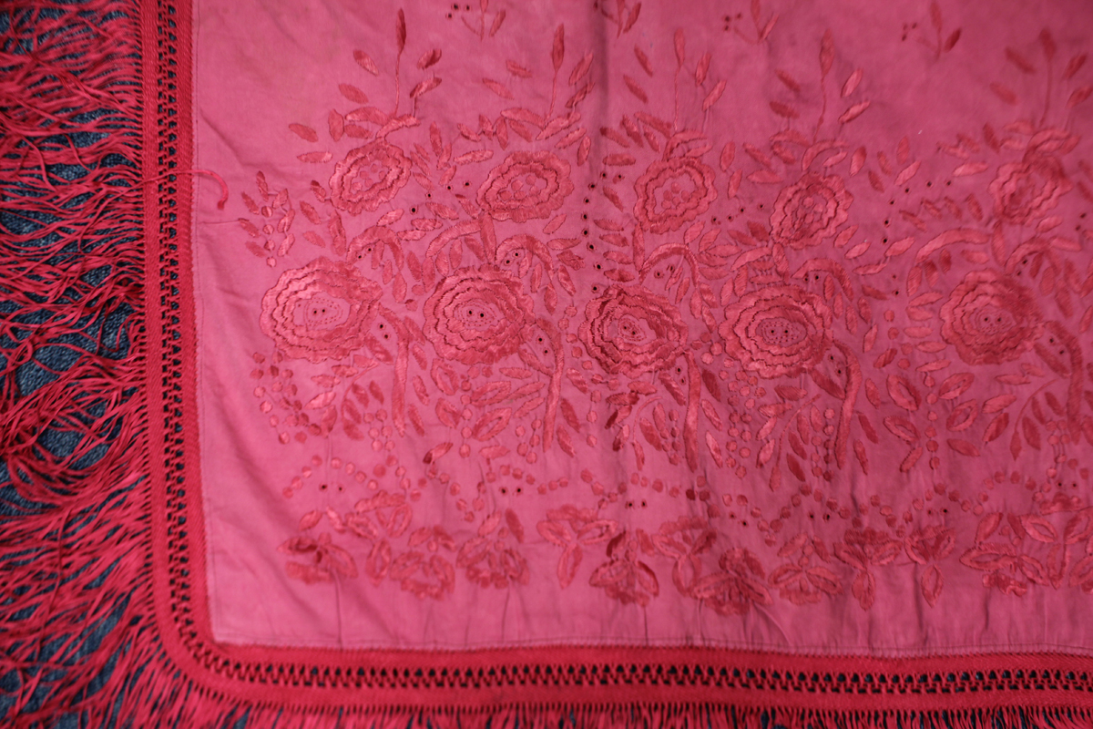 A Chinese black silk shawl, 20th century, finely worked in coloured threads with a design of - Image 5 of 26