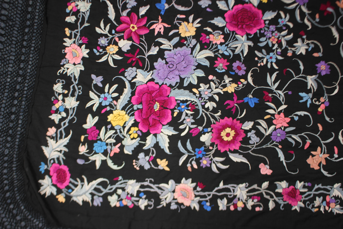 A Chinese black silk shawl, 20th century, finely worked in coloured threads with a design of - Image 16 of 26