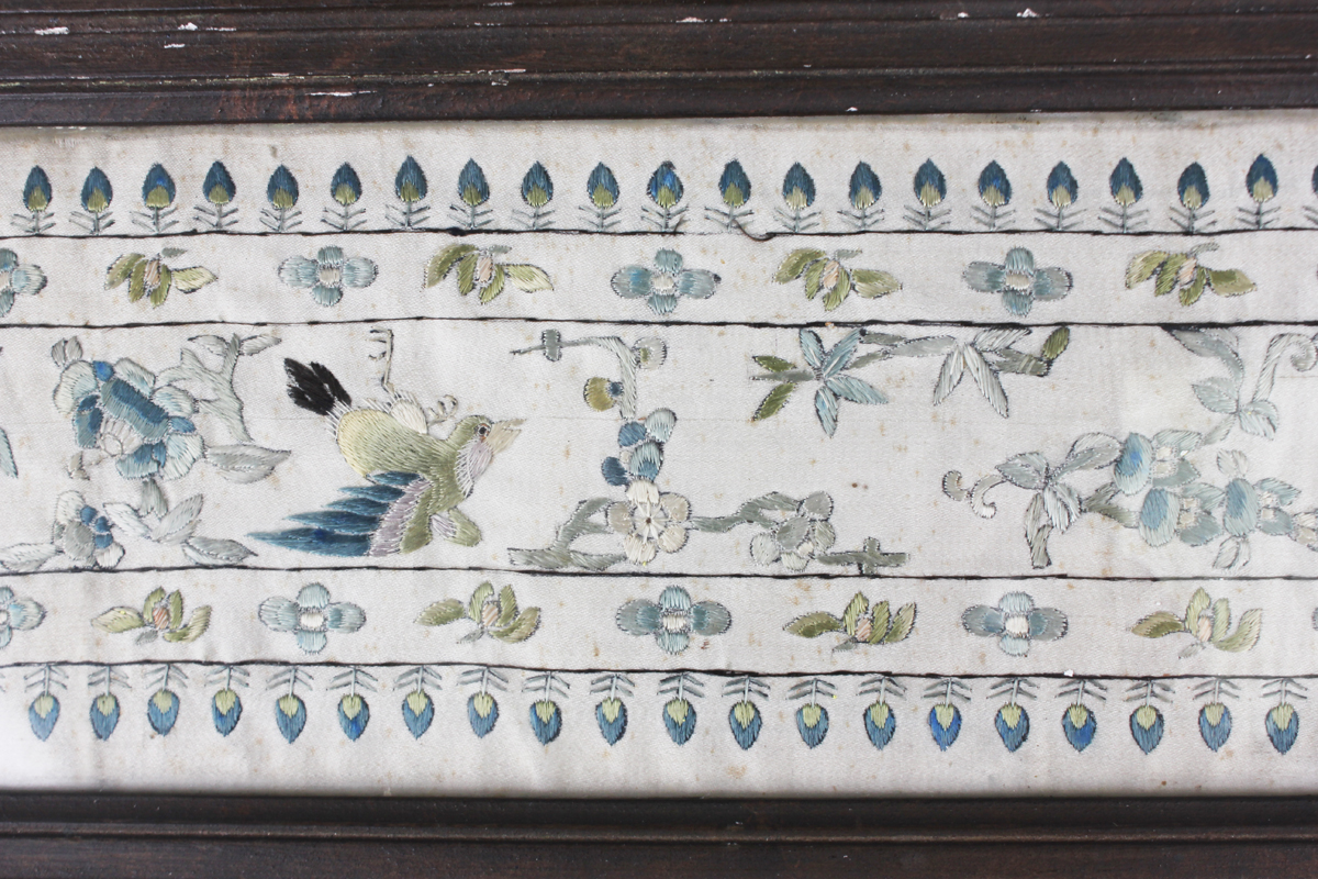 A pair of Chinese silk embroidered rectangular sleeve panels, late Qing dynasty, each worked in - Image 5 of 11