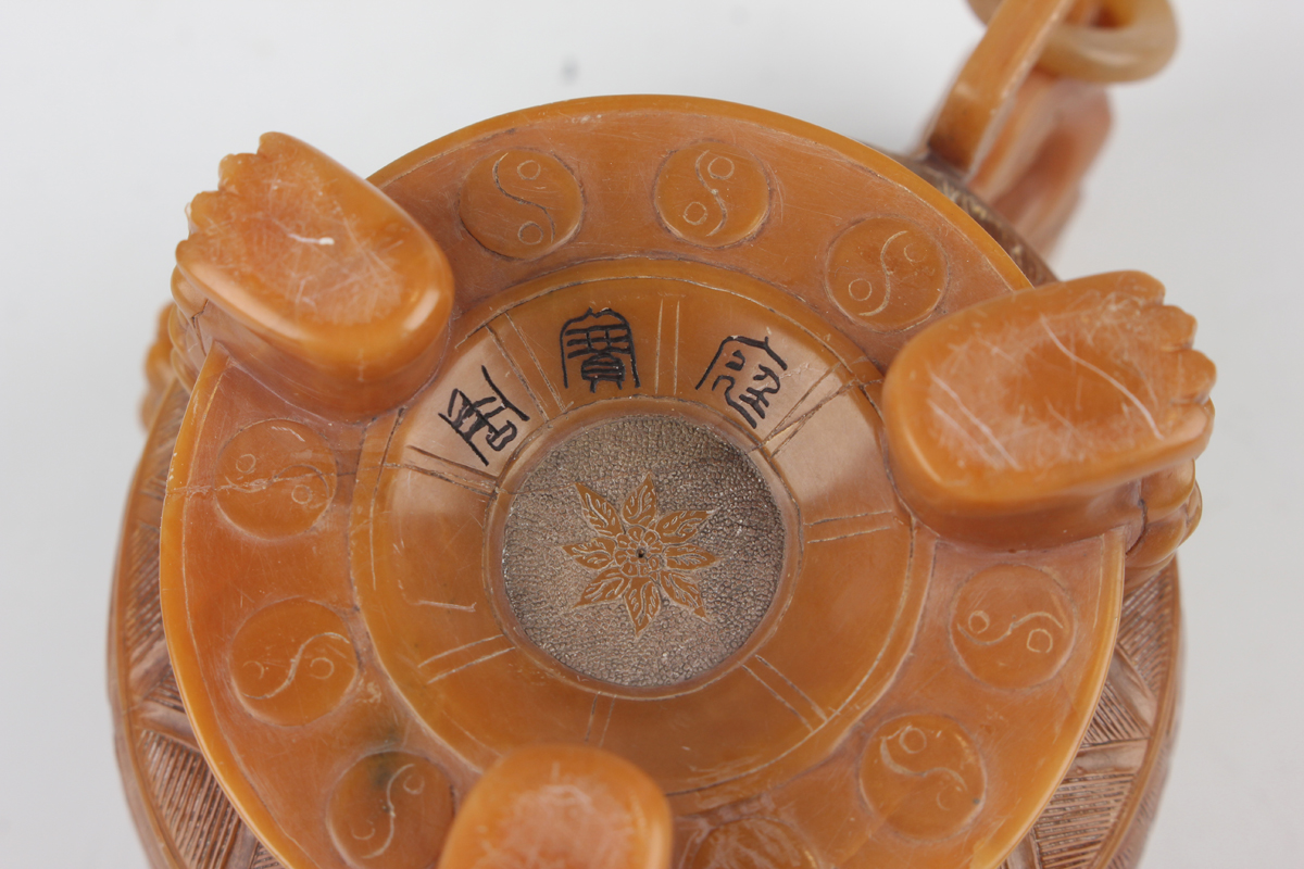 A Chinese archaistic butterscotch coloured soapstone tripod censer and cover, late Qing dynasty, the - Image 20 of 30