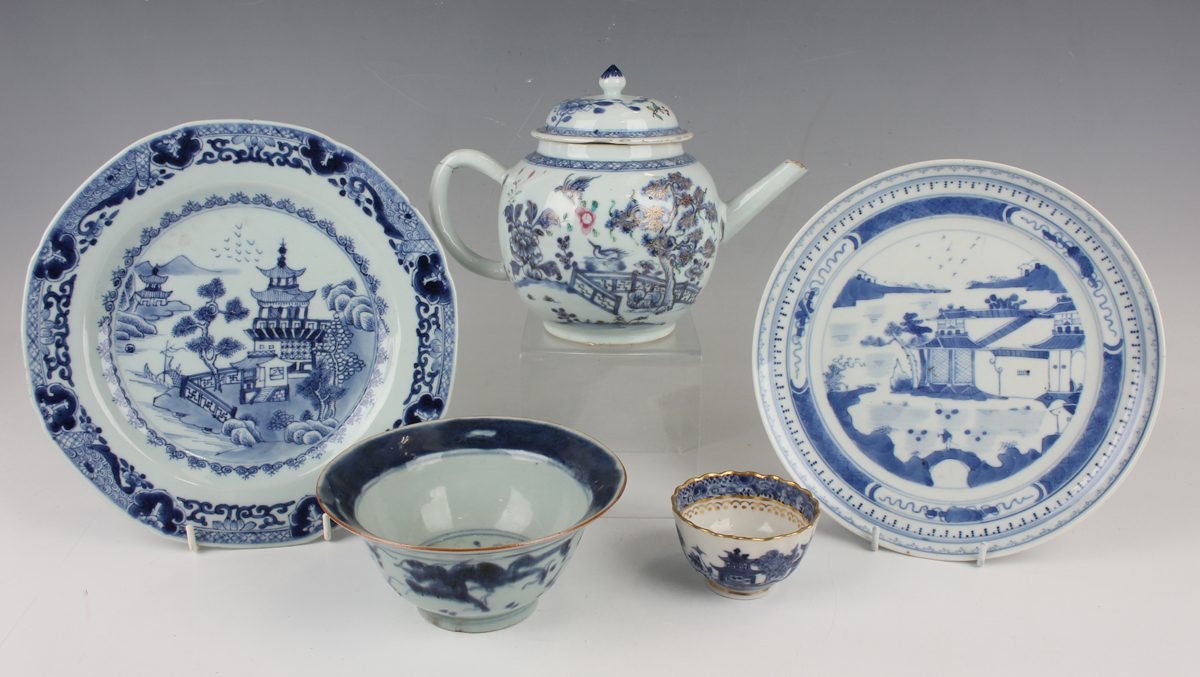 A small group of Chinese blue and white export porcelain, 18th century and later, including a