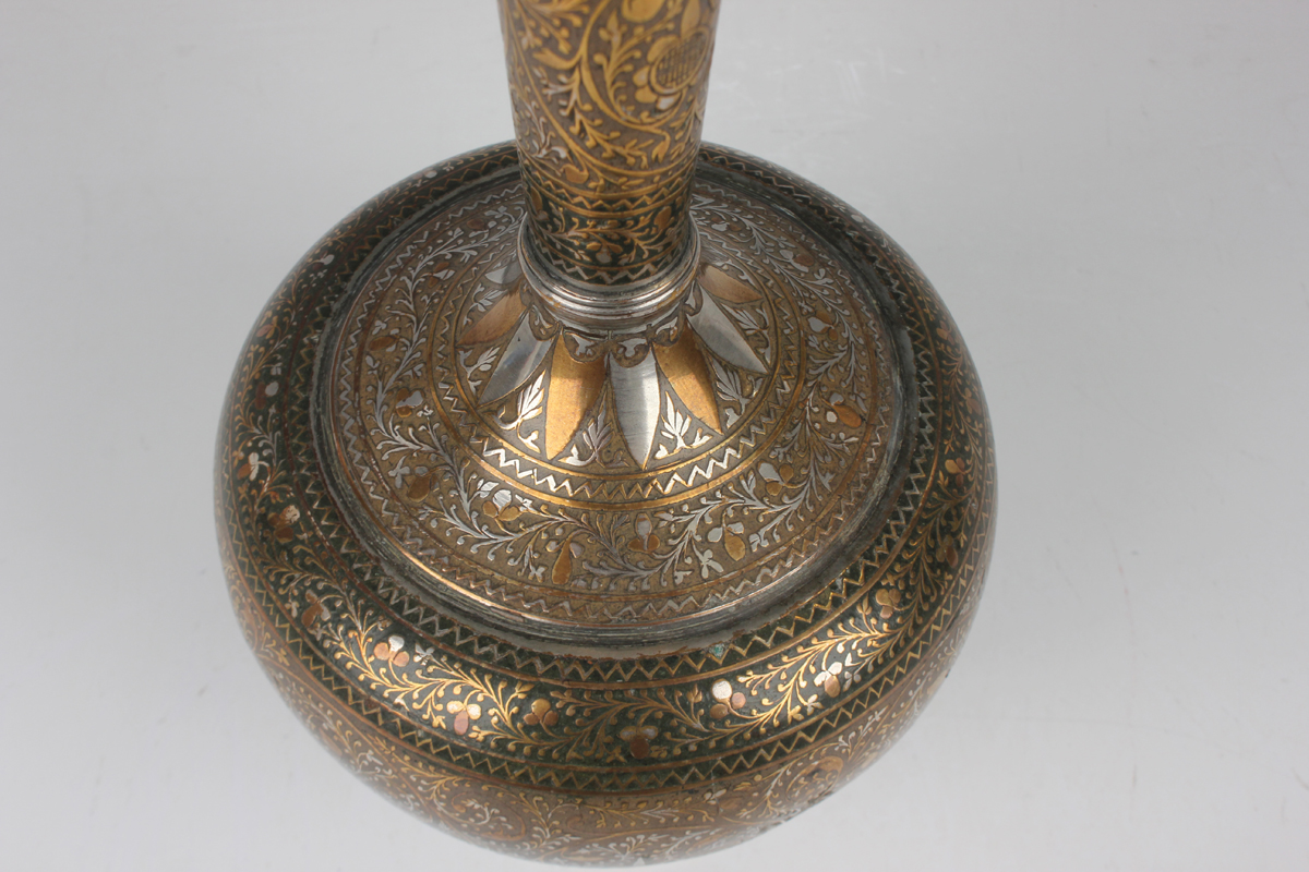 An Indian inlaid and silvered brass bottle vase, late 19th/early 20th century, the globular body and - Image 6 of 8