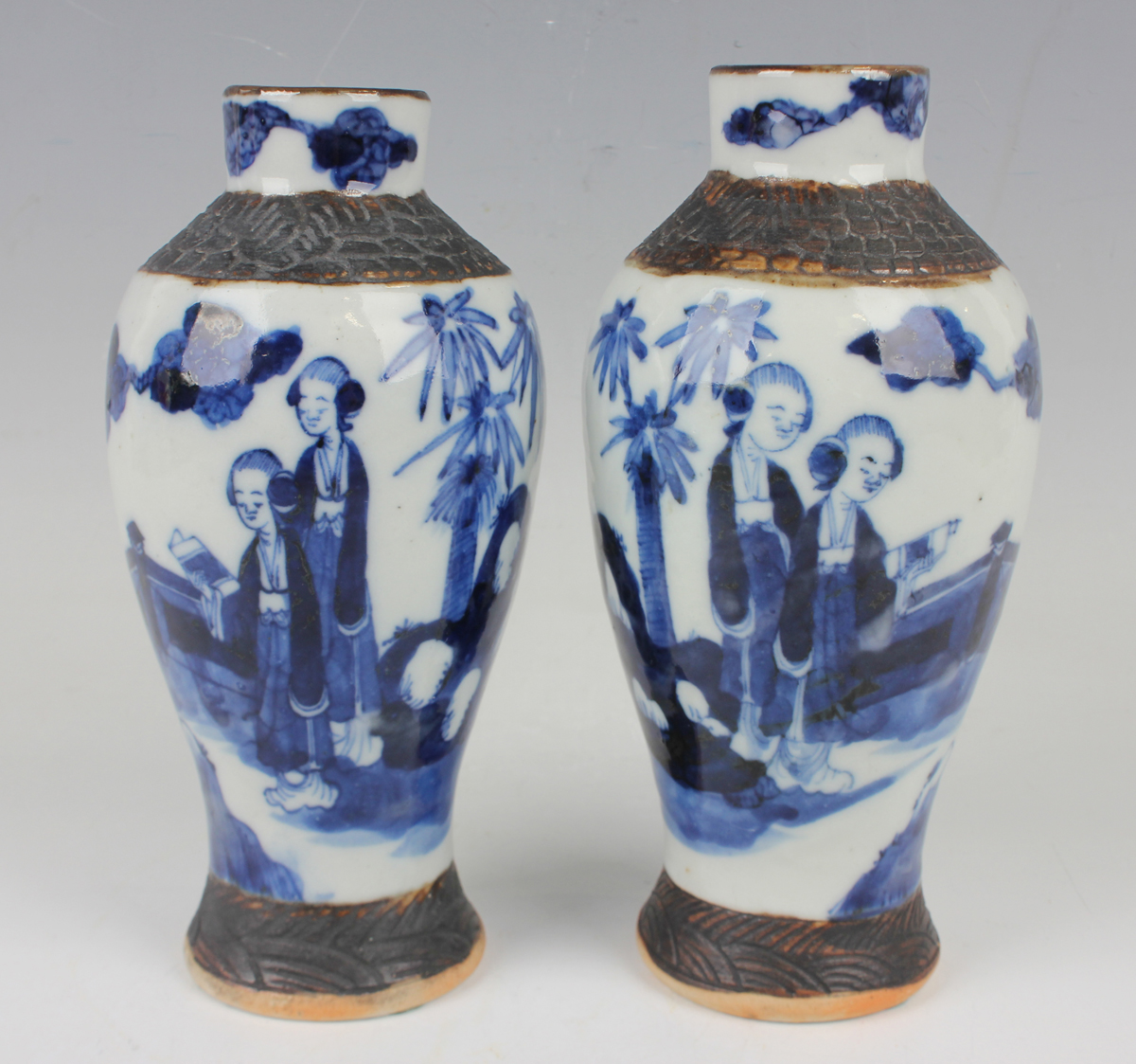 A pair of Chinese blue and white porcelain vases, late 19th/early 20th century, each baluster body - Image 6 of 8