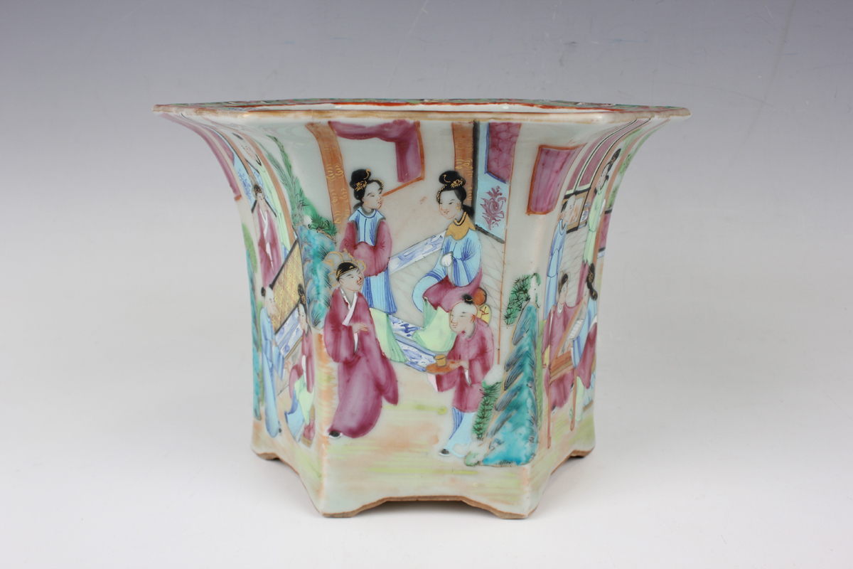A pair of Chinese Canton famille rose porcelain hexagonal planters and stands, mid-19th century, - Image 21 of 36