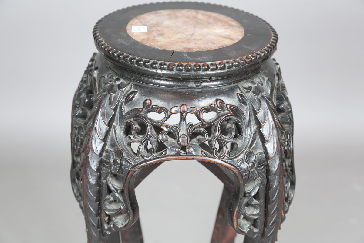 A Chinese hardwood jardinière stand, early 20th century, the circular top inset with a rouge - Image 7 of 19