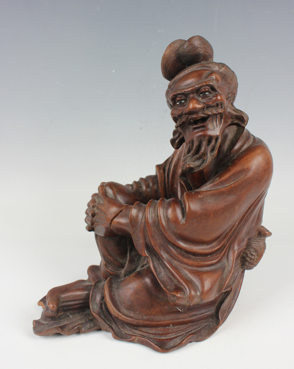 A Chinese hardwood figure of an elderly gentleman, early 20th century, modelled in a seated pose, - Image 15 of 15