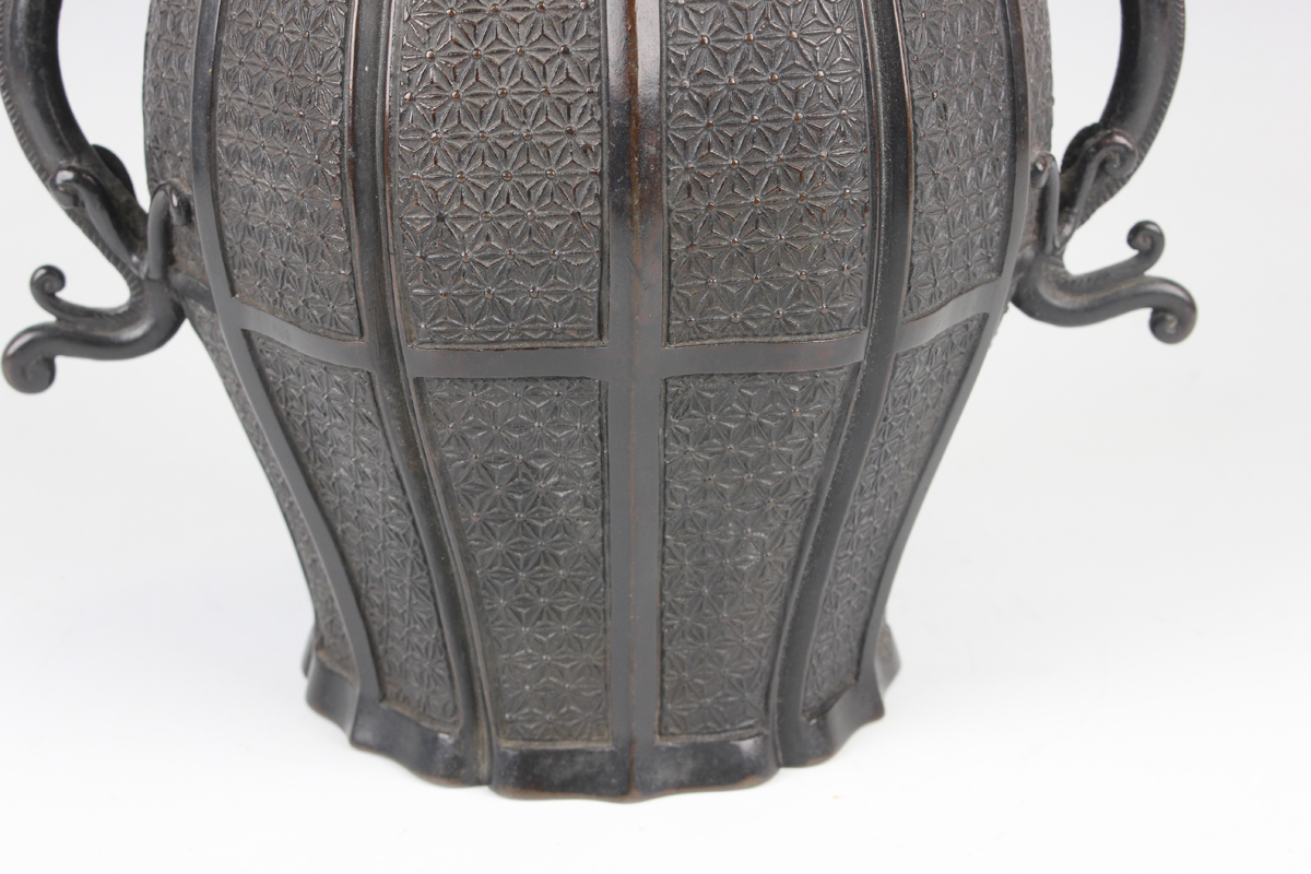 A Japanese brown patinated bronze two-handled vase, 19th century, in the Chinese style, of - Image 10 of 20