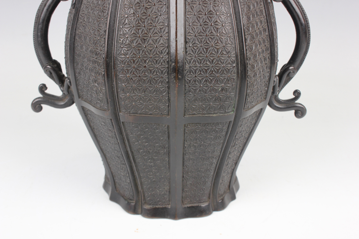 A Japanese brown patinated bronze two-handled vase, 19th century, in the Chinese style, of - Image 19 of 20