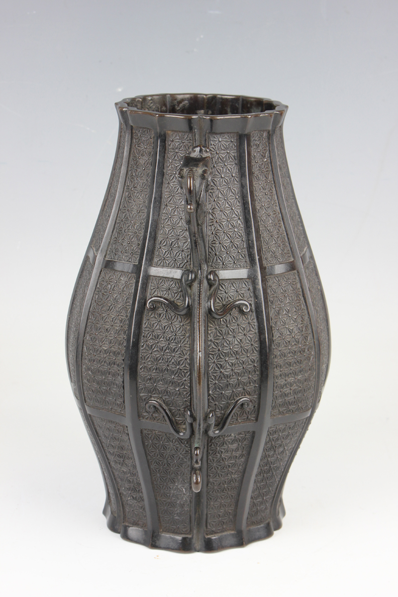 A Japanese brown patinated bronze two-handled vase, 19th century, in the Chinese style, of - Image 16 of 20