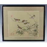 A Chinese watercolour painting on silk, 20th century, depicting five sparrows perched upon thorny