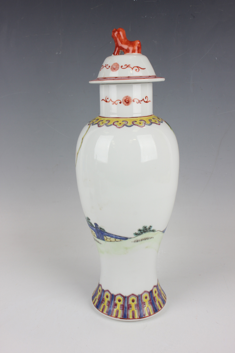 A Chinese famille rose porcelain vase and cover, Republic period, the baluster body painted with two - Image 9 of 10