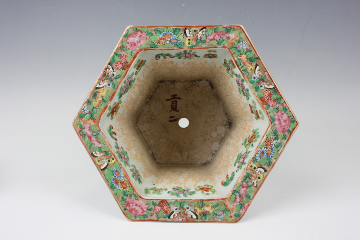 A pair of Chinese Canton famille rose porcelain hexagonal planters and stands, mid-19th century, - Image 16 of 36