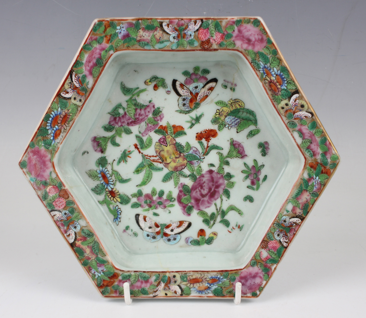 A pair of Chinese Canton famille rose porcelain hexagonal planters and stands, mid-19th century, - Image 13 of 36