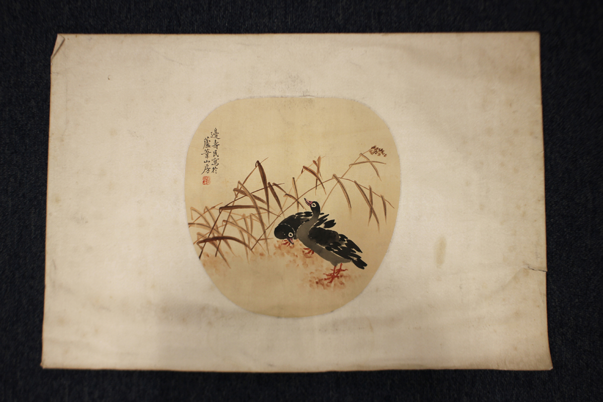 A Chinese watercolour painting on paper fan panel, early 20th century, painted with two geese and - Image 23 of 31