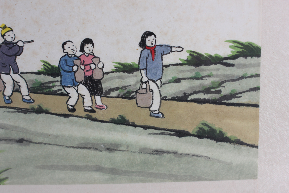 A Chinese watercolour painting, mid-20th century, depicting seven figures along a path with rocks - Image 7 of 9