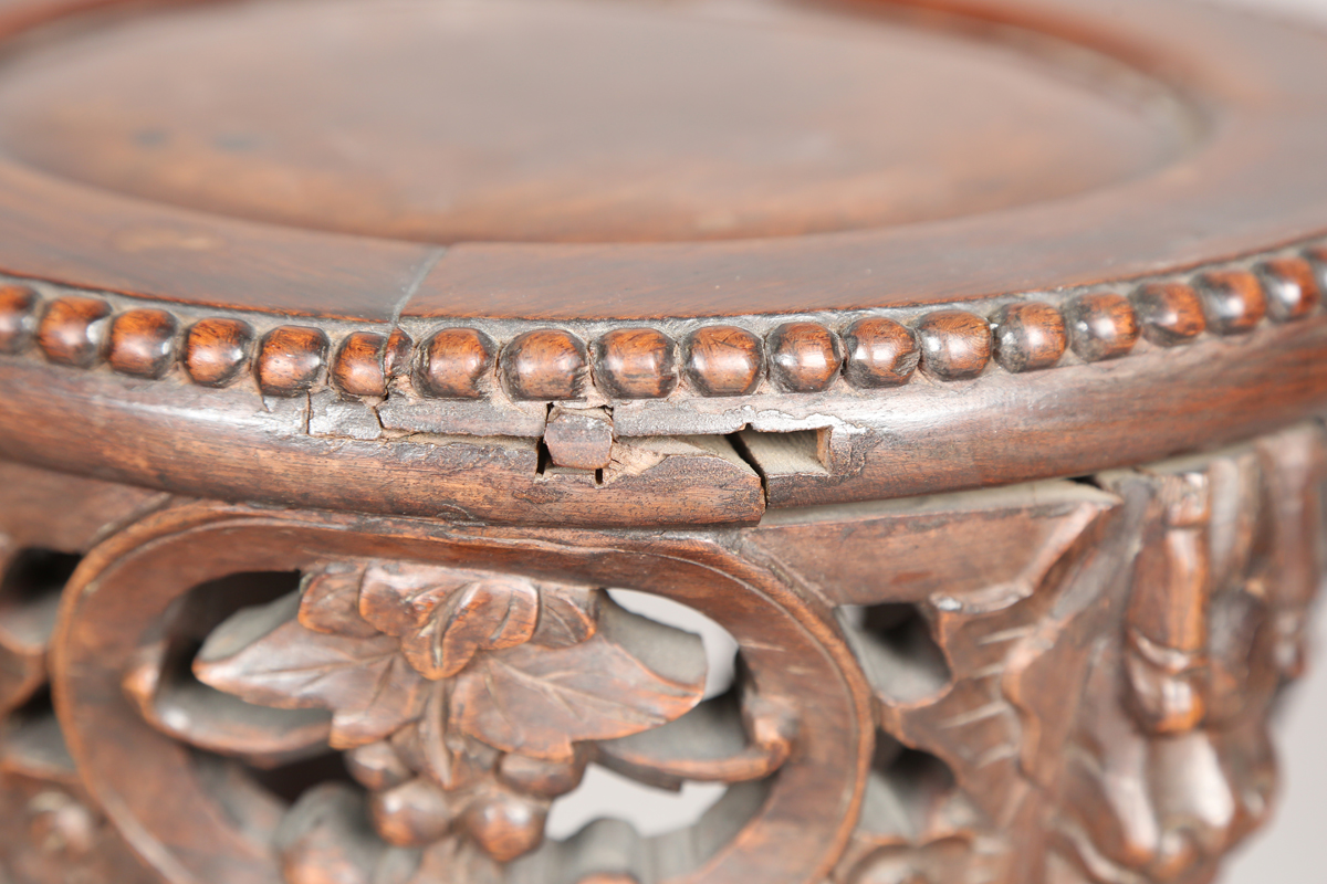 A Chinese hardwood jardinière stand, early 20th century, the circular top with beaded border above a - Image 6 of 22