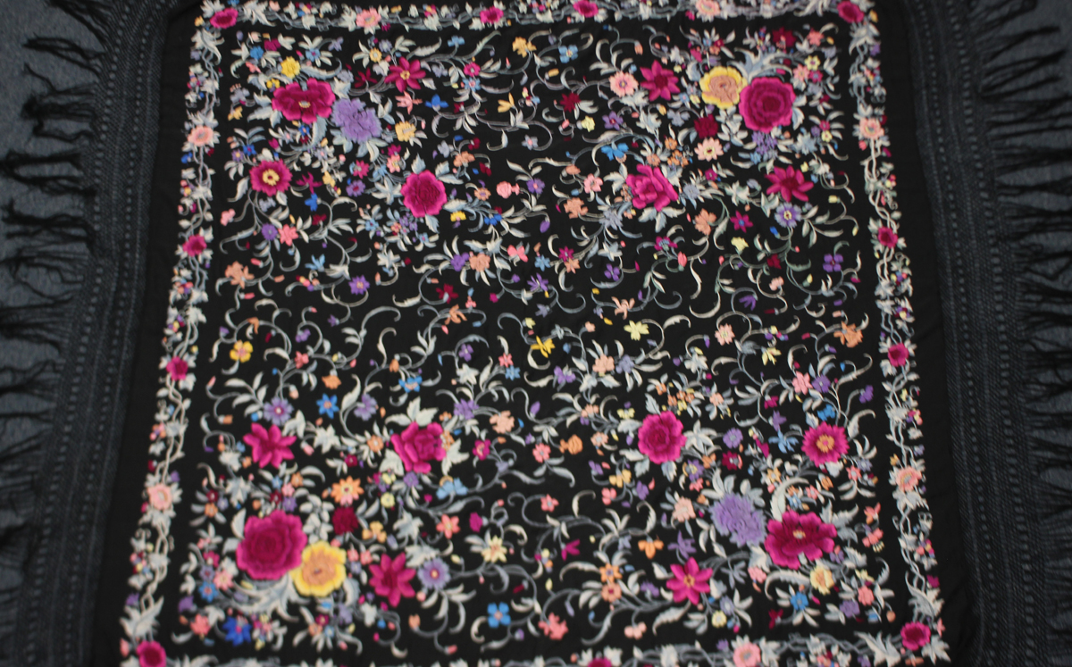 A Chinese black silk shawl, 20th century, finely worked in coloured threads with a design of - Image 25 of 26