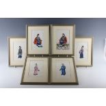 Two sets of six Chinese Canton export watercolours on rice paper, mid to late 19th century, each