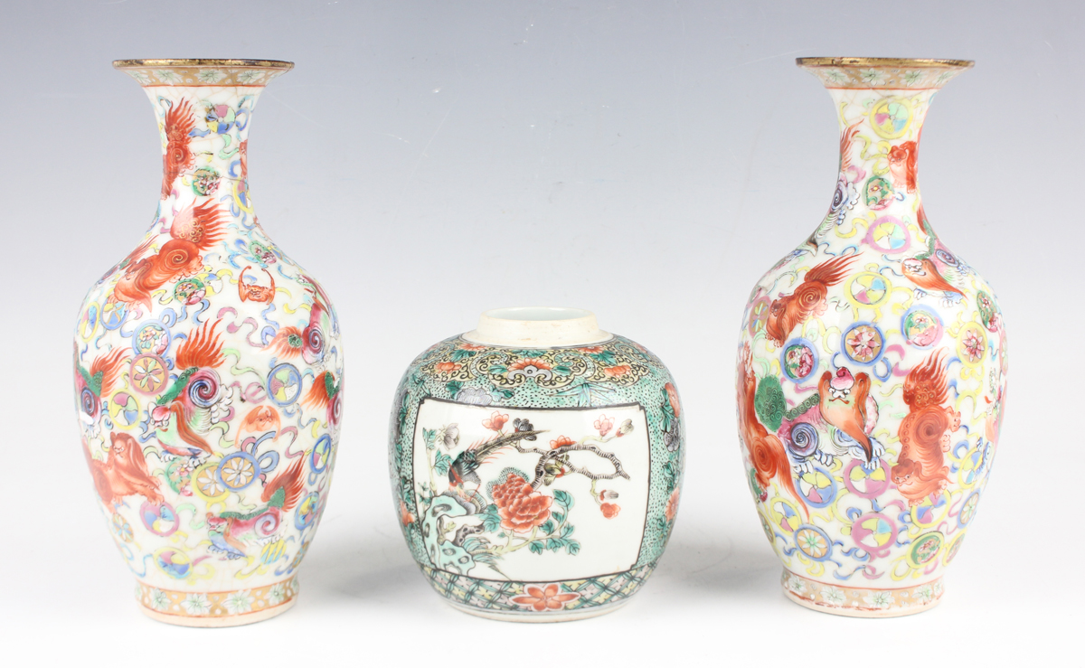 A Chinese famille verte porcelain ginger jar and cover, late 19th century, painted with opposing