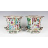 A pair of Chinese Canton famille rose porcelain hexagonal planters and stands, mid-19th century,