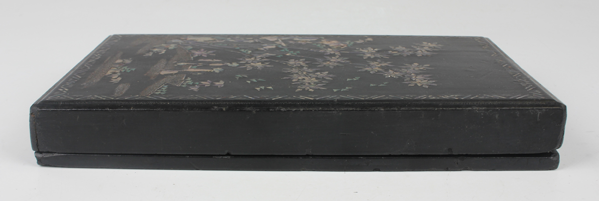 A Chinese laque burgauté rectangular box and cover, Qing dynasty, the top inlaid with two figures - Image 6 of 9