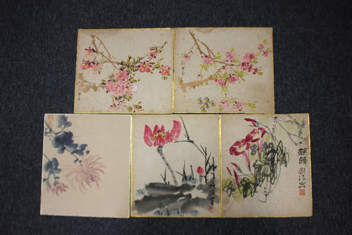 A Chinese watercolour painting on paper fan panel, early 20th century, painted with two geese and - Image 5 of 31