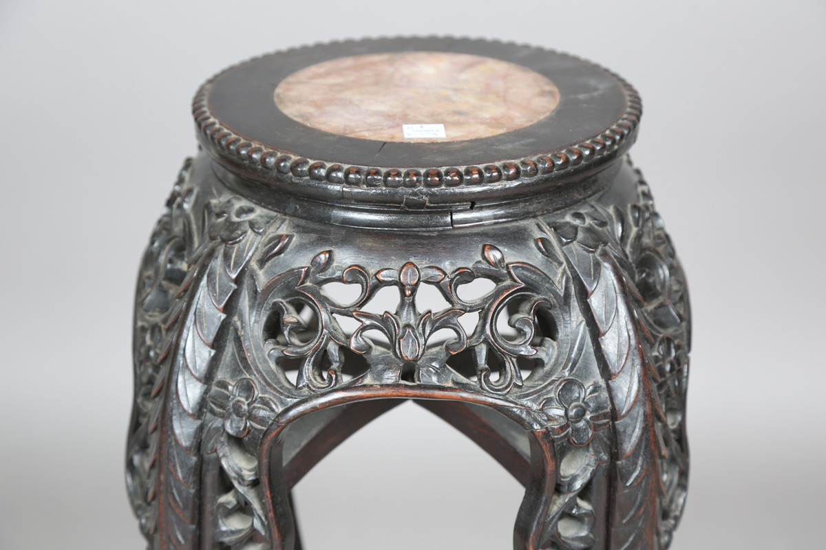A Chinese hardwood jardinière stand, early 20th century, the circular top inset with a rouge - Image 3 of 19