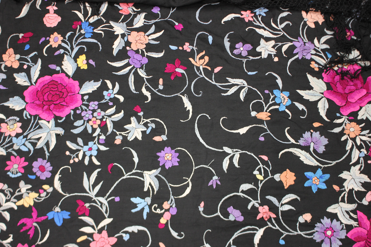 A Chinese black silk shawl, 20th century, finely worked in coloured threads with a design of - Image 15 of 26