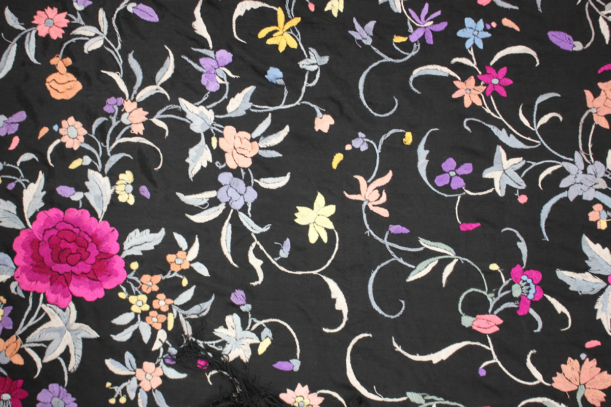 A Chinese black silk shawl, 20th century, finely worked in coloured threads with a design of - Image 18 of 26