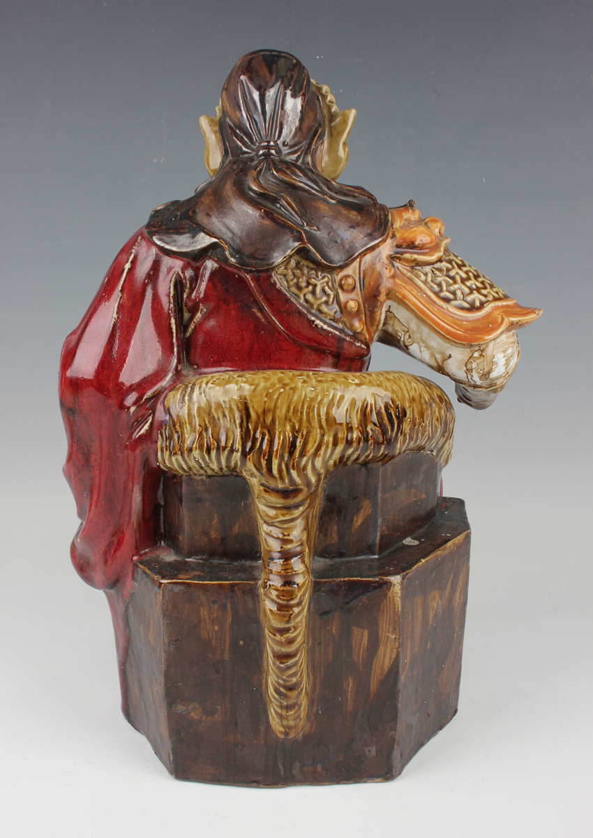 A Chinese Shiwan pottery sang-de-boeuf glazed figure of Guan Yu, mid-20th century, modelled seated - Image 5 of 7