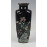 A Japanese cloisonné vase, Meiji period, of shouldered square tapering form, finely worked with a