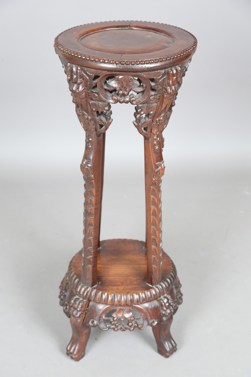 A Chinese hardwood jardinière stand, early 20th century, the circular top with beaded border above a - Image 10 of 22