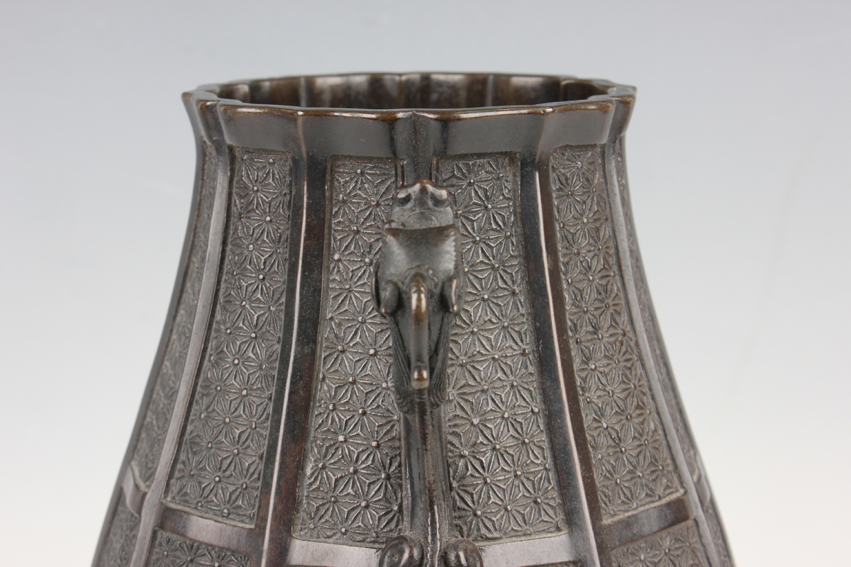 A Japanese brown patinated bronze two-handled vase, 19th century, in the Chinese style, of - Image 6 of 20