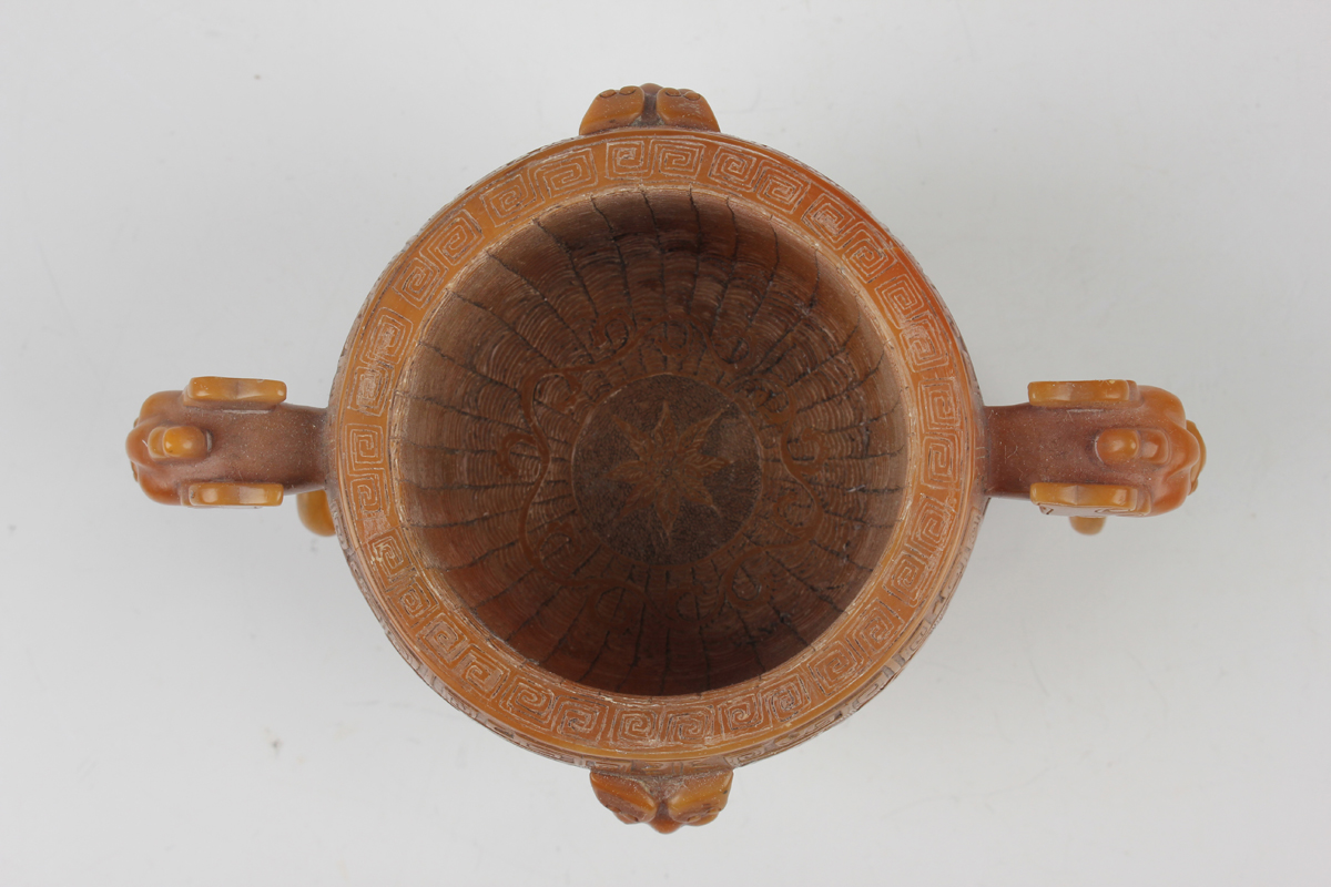 A Chinese archaistic butterscotch coloured soapstone tripod censer and cover, late Qing dynasty, the - Image 26 of 30