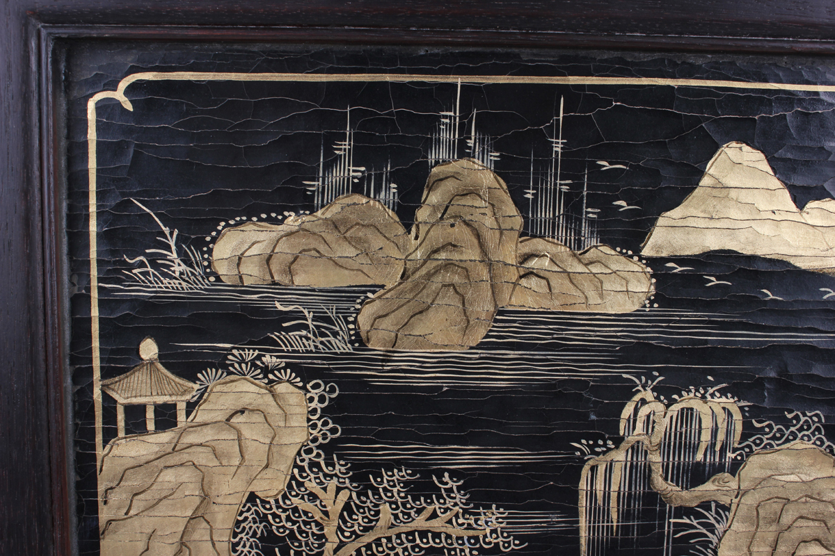 A Chinese hardwood framed cloisonné and lacquer table screen with carved hardwood and boxwood - Image 15 of 28