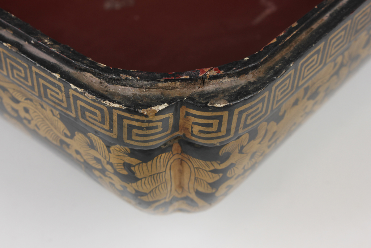 A Chinese lacquer box and cover, late Qing dynasty, of compressed square form, the top decorated - Image 6 of 17