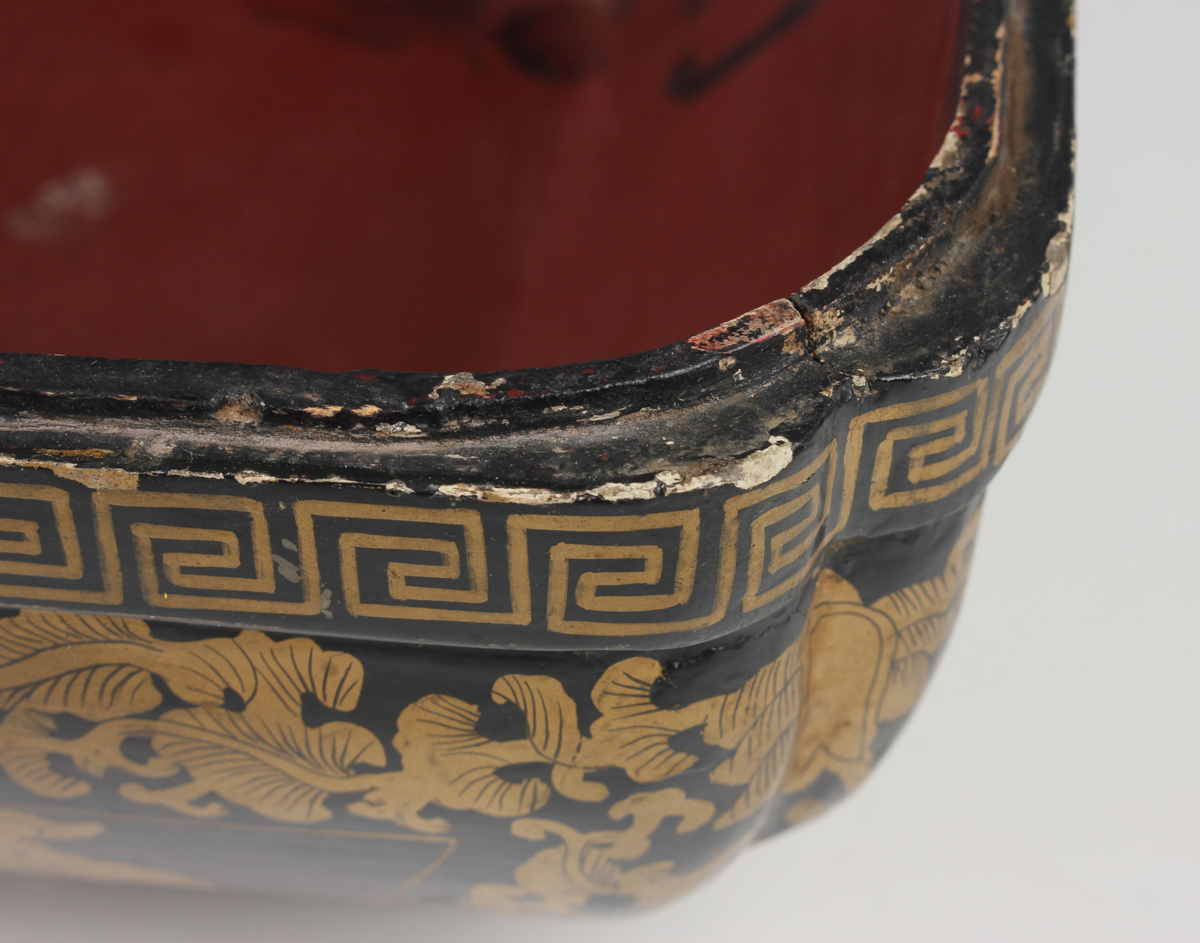 A Chinese lacquer box and cover, late Qing dynasty, of compressed square form, the top decorated - Image 8 of 17