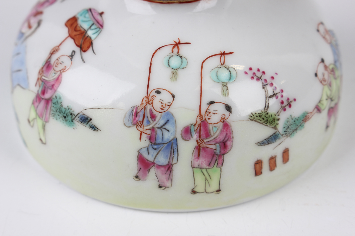 A Chinese famille rose porcelain brushwasher, probably 20th century, the ovoid cup and domed base - Image 12 of 16