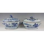 A Chinese blue and white export porcelain soup tureen and cover, Qianlong period, of canted corner