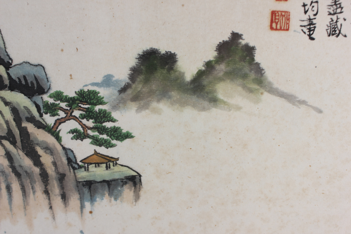 A Chinese watercolour painting, mid-20th century, depicting seven figures along a path with rocks - Image 3 of 9