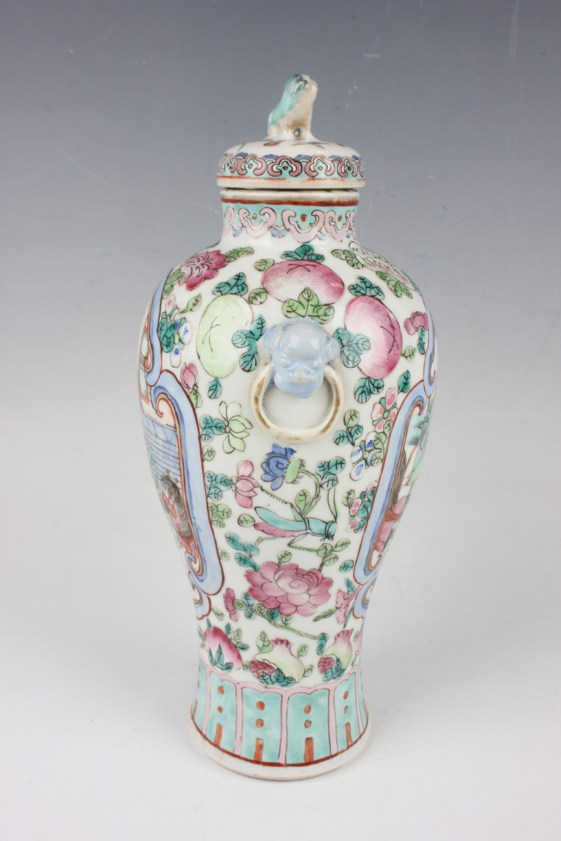 A Chinese Canton famille rose porcelain vase and cover, late 19th century, the baluster body painted - Image 18 of 20