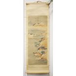 A Chinese hanging scroll painting, mid-20th century, depicting figures, pavilions and trees in a