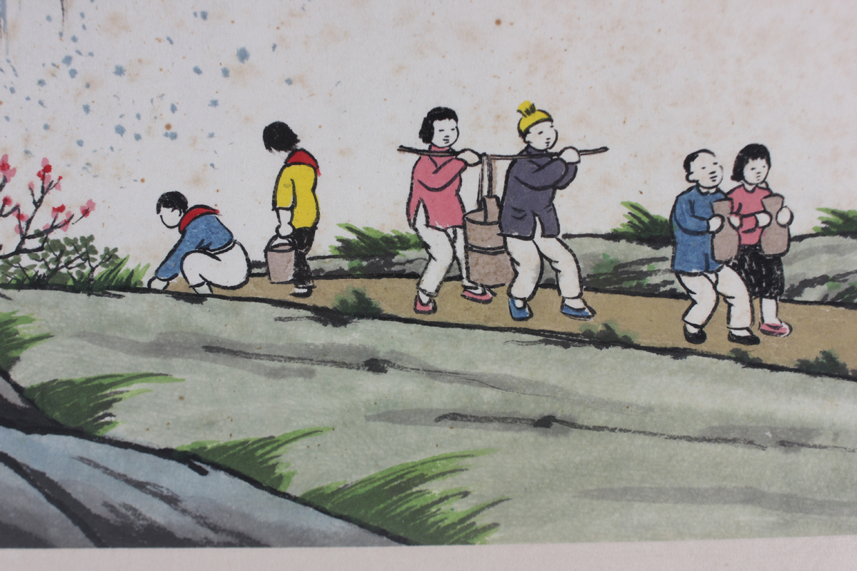 A Chinese watercolour painting, mid-20th century, depicting seven figures along a path with rocks - Image 6 of 9