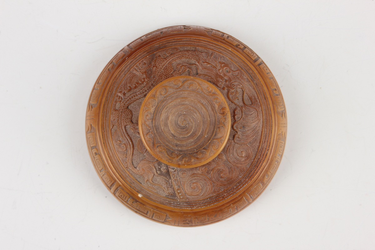A Chinese archaistic butterscotch coloured soapstone tripod censer and cover, late Qing dynasty, the - Image 24 of 30